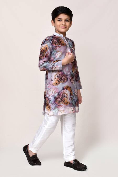 Petite Pomme_White Cotton, Silk Floral Pattern Kurta Set _Online_at_Aza_Fashions