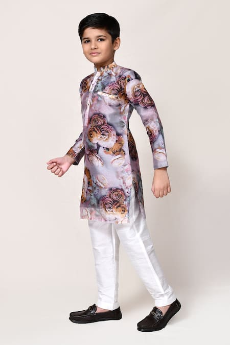 Shop_Petite Pomme_White Cotton, Silk Floral Pattern Kurta Set _Online_at_Aza_Fashions