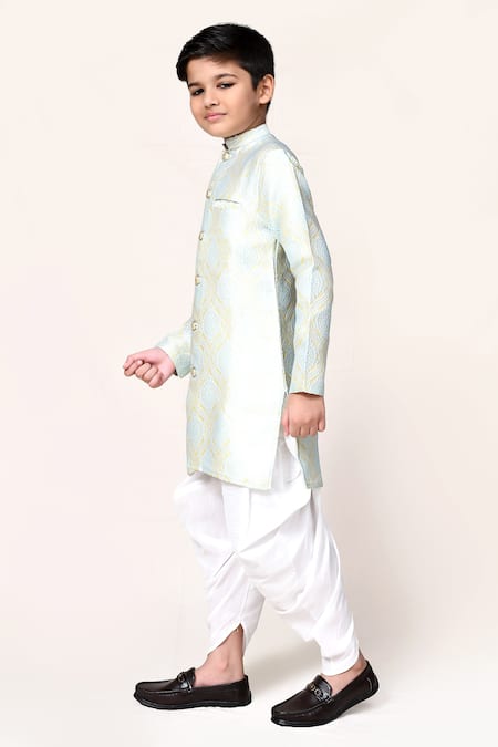 Petite Pomme_Aqua Jacquard, Silk Kurta And Dhoti Pant Set _Online_at_Aza_Fashions