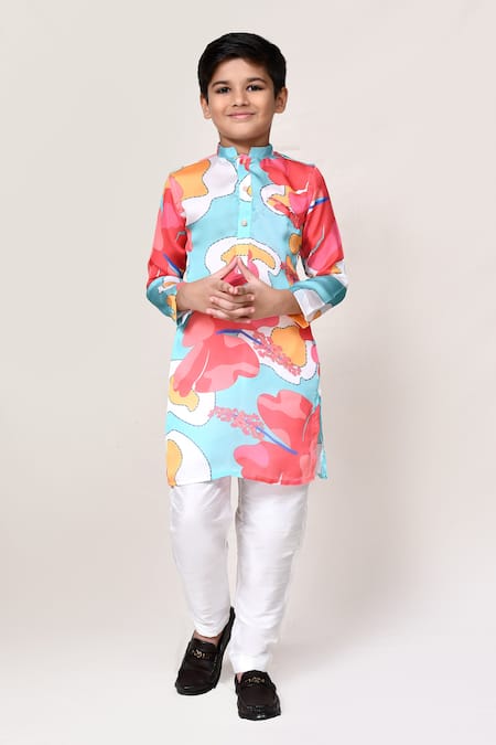 Petite Pomme_Blue Satin, Silk Abstract Print Kurta And Pant Set _Online_at_Aza_Fashions