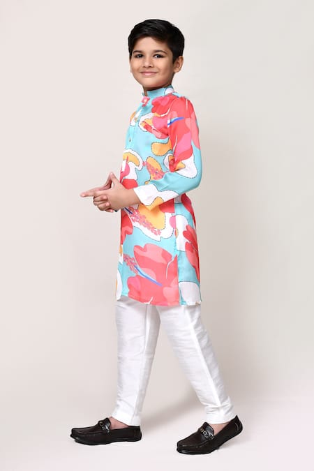 Buy_Petite Pomme_Blue Satin, Silk Abstract Print Kurta And Pant Set _Online_at_Aza_Fashions
