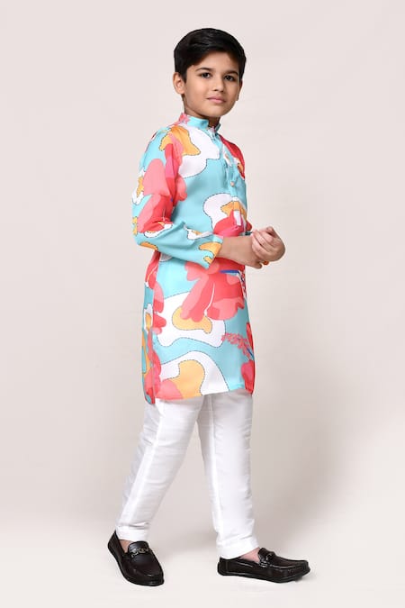 Shop_Petite Pomme_Blue Satin, Silk Abstract Print Kurta And Pant Set _Online_at_Aza_Fashions