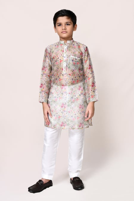 Buy_Petite Pomme_Off White Cotton Satin, Shantoon Floral Print Kurta And Pant Set _Online_at_Aza_Fashions