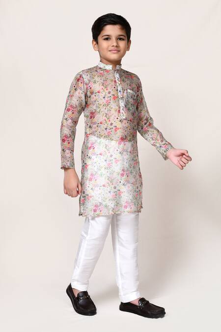 Shop_Petite Pomme_Off White Cotton Satin, Shantoon Floral Print Kurta And Pant Set _Online_at_Aza_Fashions
