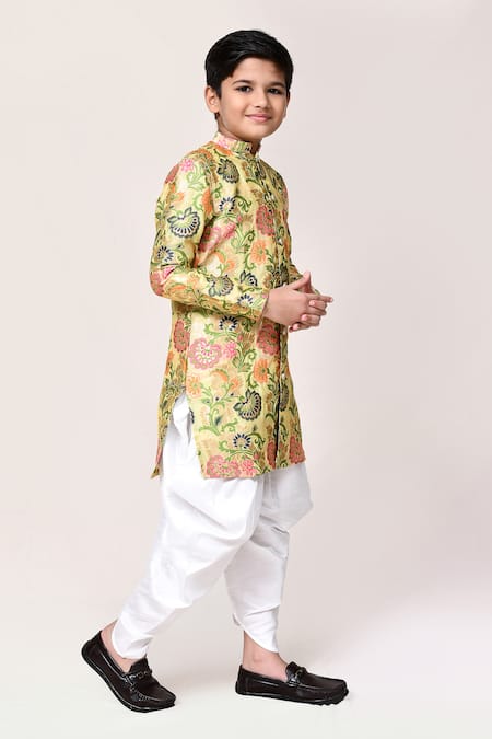 Buy_Petite Pomme_Yellow Jacquard Floral Print Kurta And Dhoti Pant Set _Online_at_Aza_Fashions