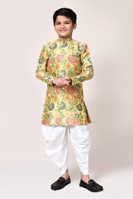 Shop_Petite Pomme_Yellow Jacquard Floral Print Kurta And Dhoti Pant Set _Online_at_Aza_Fashions