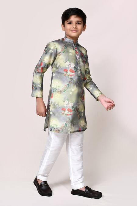 Shop_Petite Pomme_Green Cotton, Silk Floral Print Kurta And Pant Set _Online_at_Aza_Fashions