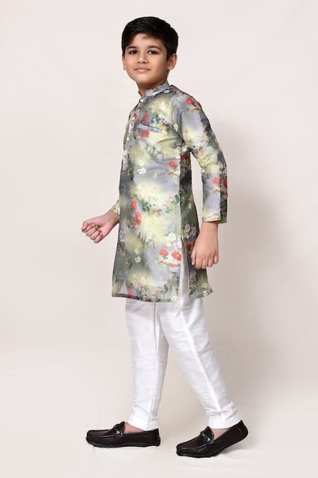 Petite Pomme_Green Cotton, Silk Floral Print Kurta And Pant Set _at_Aza_Fashions