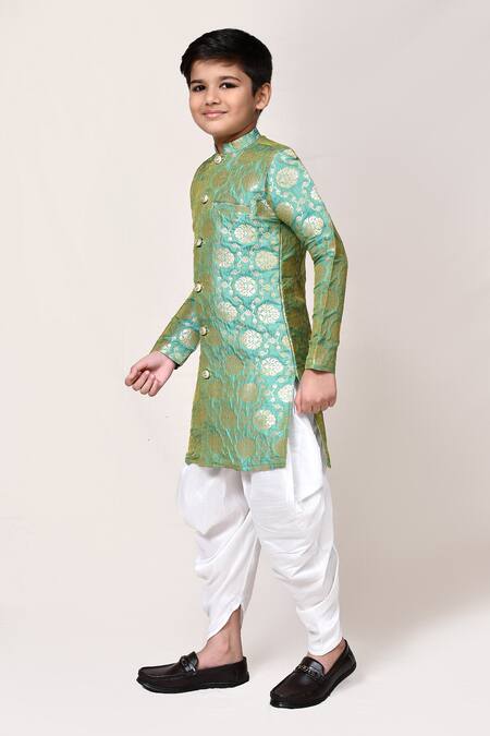 Petite Pomme_Green Jacquard, Silk Kurta And Dhoti Pant Set _Online_at_Aza_Fashions