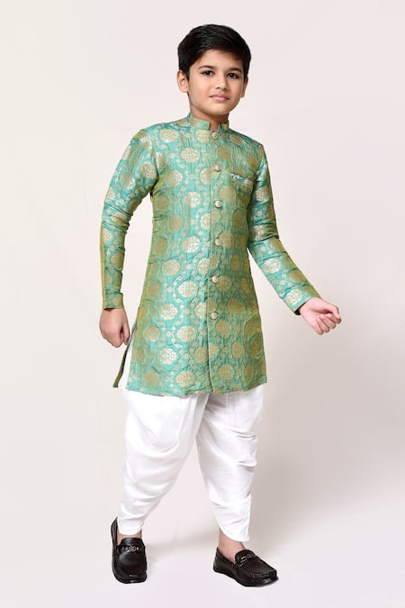 Shop_Petite Pomme_Green Jacquard, Silk Kurta And Dhoti Pant Set _Online_at_Aza_Fashions