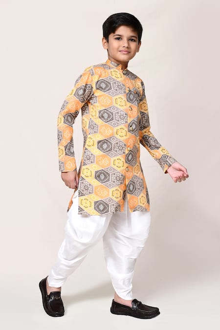 Petite Pomme_Yellow Cotton, Silk Foil Printing Bandhani Kurta And Dhoti Pant Set _Online_at_Aza_Fashions
