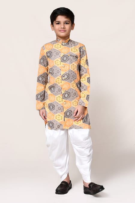Shop_Petite Pomme_Yellow Cotton, Silk Foil Printing Bandhani Kurta And Dhoti Pant Set _Online_at_Aza_Fashions