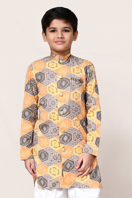 Petite Pomme_Yellow Cotton, Silk Foil Printing Bandhani Kurta And Dhoti Pant Set _at_Aza_Fashions