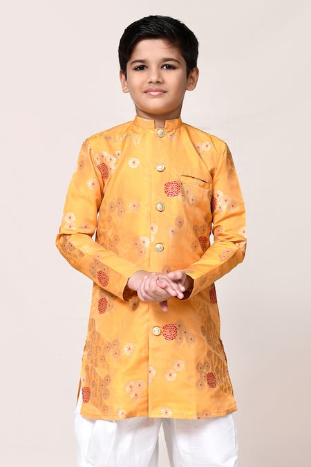 Petite Pomme_Yellow Jacquard Kurta And Dhoti Pant Set _at_Aza_Fashions