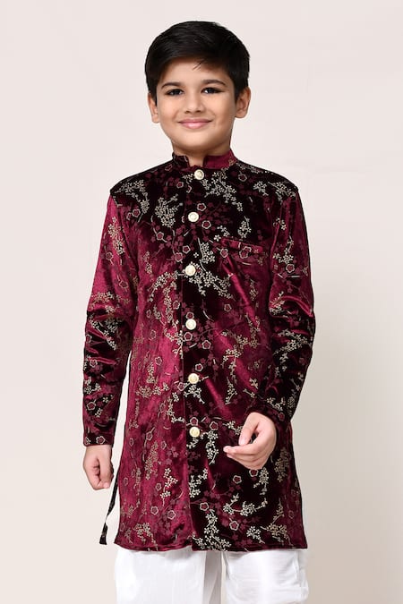 Petite Pomme_Maroon Velvet Foil Printing Floral Pattern Kurta Set _at_Aza_Fashions