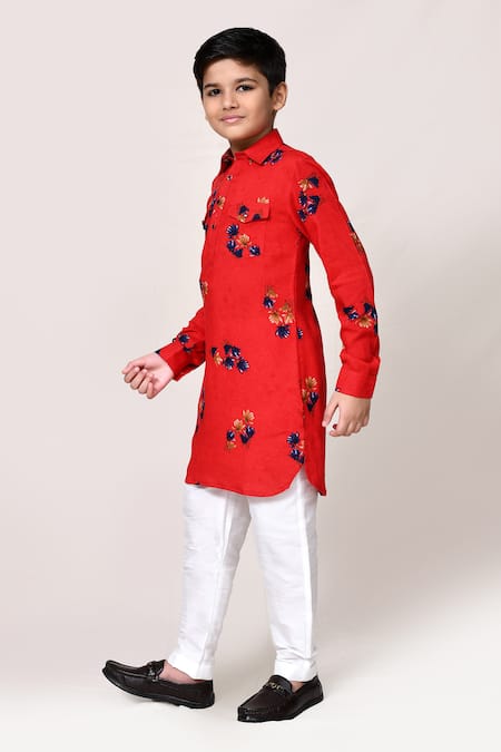 Buy_Petite Pomme_Red Cotton, Silk Floral Print Kurta And Pant Set _Online_at_Aza_Fashions