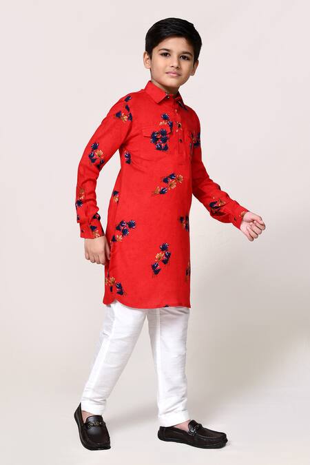 Petite Pomme_Red Cotton, Silk Floral Print Kurta And Pant Set _at_Aza_Fashions