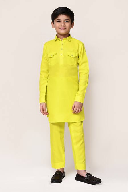 Petite Pomme_Lime Linen Plain Kurta And Pant Set _Online_at_Aza_Fashions