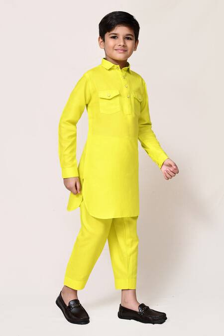 Buy_Petite Pomme_Lime Linen Plain Kurta And Pant Set _Online_at_Aza_Fashions