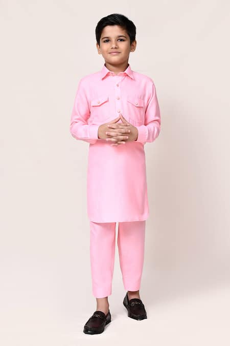 Petite Pomme_Pink Linen Plain Kurta And Pant Set _Online_at_Aza_Fashions