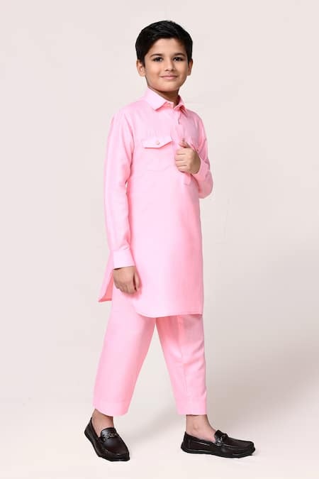 Buy_Petite Pomme_Pink Linen Plain Kurta And Pant Set _Online_at_Aza_Fashions