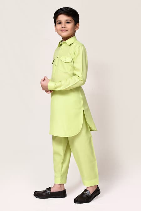 Buy_Petite Pomme_Green Linen Plain Kurta And Pant Set _Online_at_Aza_Fashions