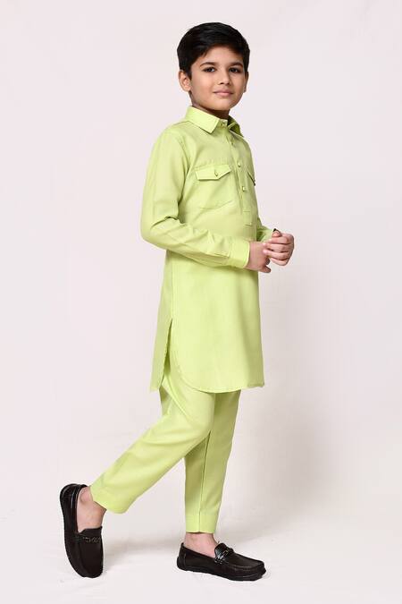 Shop_Petite Pomme_Green Linen Plain Kurta And Pant Set _Online_at_Aza_Fashions