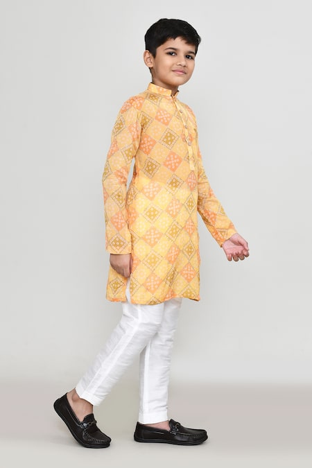 Shop_Petite Pomme_Yellow Georgette Bandhej Print Kurta And Pant Set _Online_at_Aza_Fashions