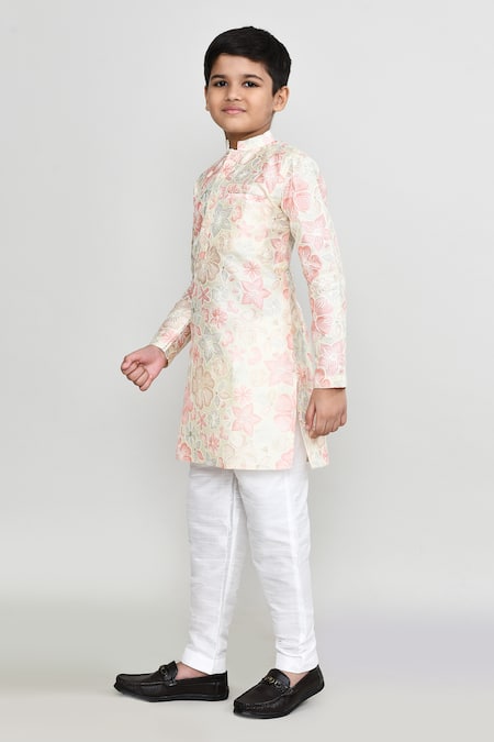 Petite Pomme_Pink Silk Embroidery, Foil Printing Floral Thread Work Kurta And Pant Set _Online_at_Aza_Fashions