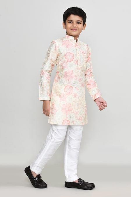 Shop_Petite Pomme_Pink Silk Embroidery, Foil Printing Floral Thread Work Kurta And Pant Set _Online_at_Aza_Fashions