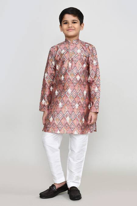 Shop_Petite Pomme_Red Cotton Satin, Cotton, Shantoon Geometric Thread Work Kurta And Pant Set _Online_at_Aza_Fashions