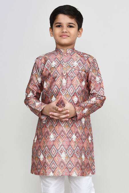 Petite Pomme_Red Cotton Satin, Cotton, Shantoon Geometric Thread Work Kurta And Pant Set _at_Aza_Fashions