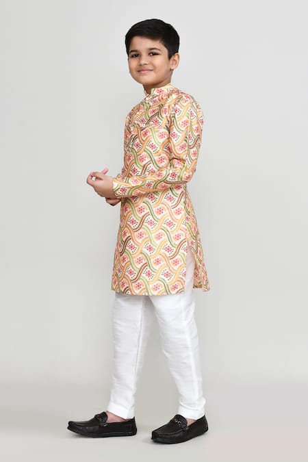 Shop_Petite Pomme_Orange Silk, Shantoon Floral Print Kurta Set _Online_at_Aza_Fashions