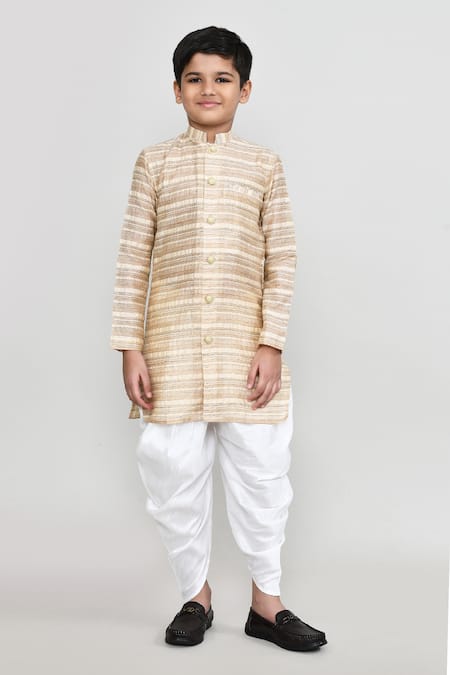 Shop_Petite Pomme_Beige Cotton, Silk Stripe Print Kurta And Patiala Pant Set _Online_at_Aza_Fashions
