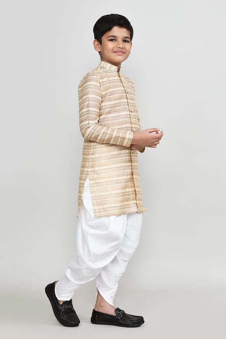 Petite Pomme_Beige Cotton, Silk Stripe Print Kurta And Patiala Pant Set _at_Aza_Fashions