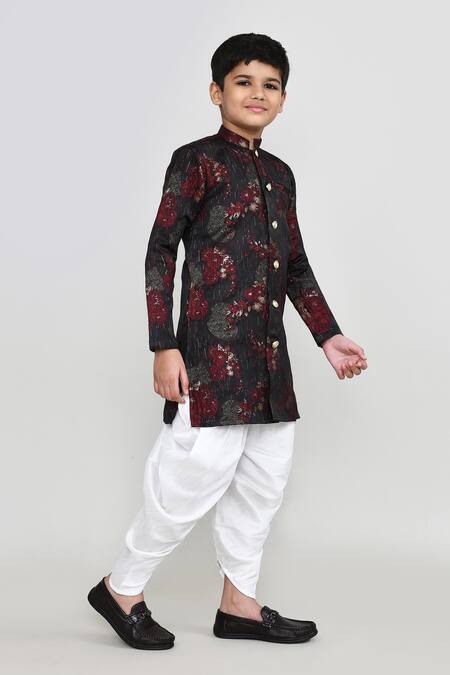 Shop_Petite Pomme_Black Jacquard, Silk Kurta And Patiala Pant Set _Online_at_Aza_Fashions