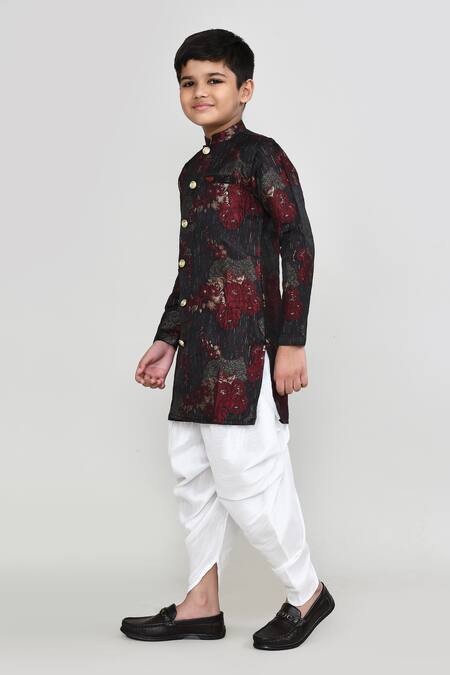 Petite Pomme_Black Jacquard, Silk Kurta And Patiala Pant Set _at_Aza_Fashions