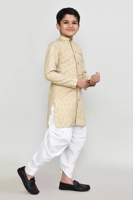 Shop_Petite Pomme_Gold Silk Zari, Embroidery Jari Work Kurta And Dhoti Pant Set _Online_at_Aza_Fashions