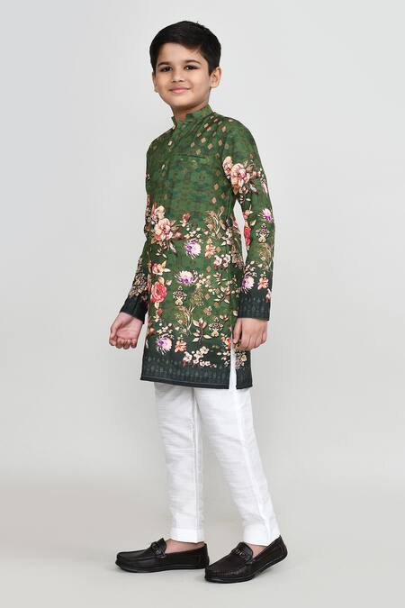 Buy_Petite Pomme_Green Cotton, Shantoon Floral Print Kurta And Pant Set _Online_at_Aza_Fashions