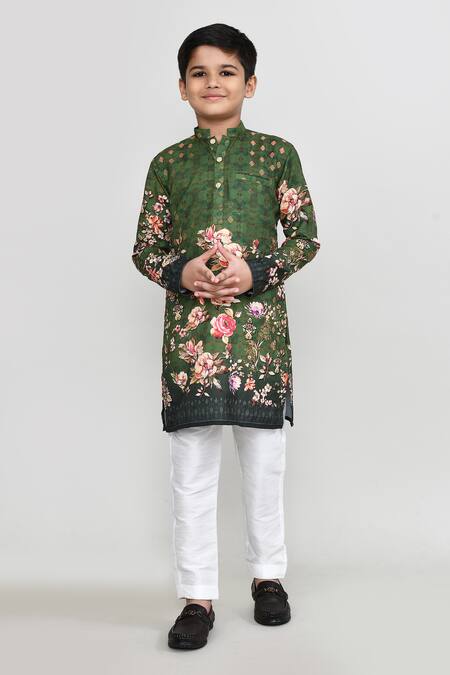 Shop_Petite Pomme_Green Cotton, Shantoon Floral Print Kurta And Pant Set _Online_at_Aza_Fashions