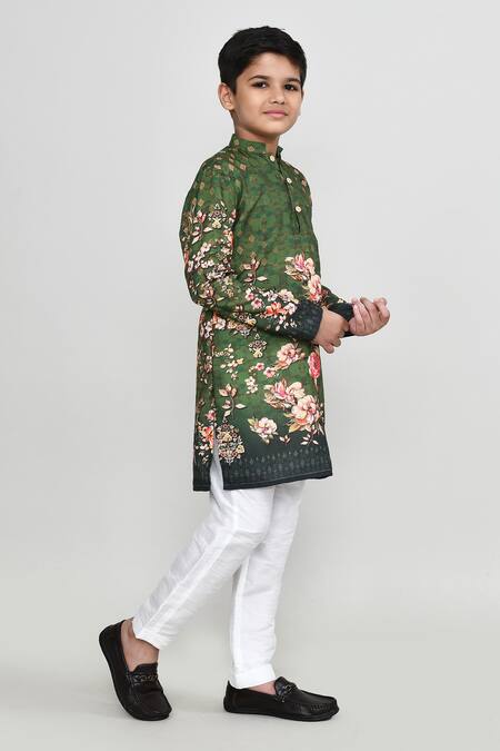 Petite Pomme_Green Cotton, Shantoon Floral Print Kurta And Pant Set _at_Aza_Fashions