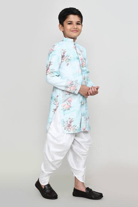 Buy_Petite Pomme_Blue Cotton, Silk Floral Print Kurta And Patiala Pant Set _Online_at_Aza_Fashions