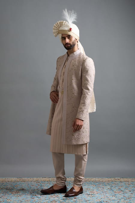 Gargee Designers_Rose Gold Jacquard Embroidery Veer Sherwani Set _Online_at_Aza_Fashions