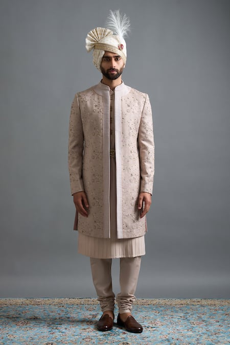 Buy_Gargee Designers_Rose Gold Jacquard Embroidery Veer Sherwani Set _Online_at_Aza_Fashions