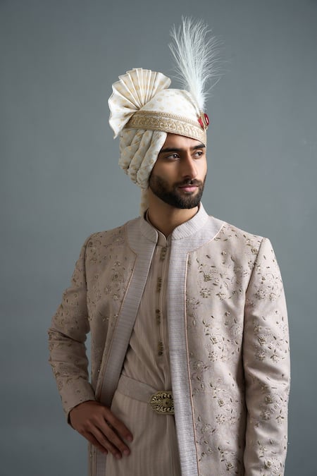 Shop_Gargee Designers_Rose Gold Jacquard Embroidery Veer Sherwani Set _Online_at_Aza_Fashions