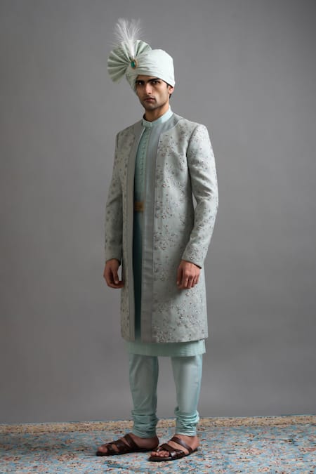 Gargee Designers_Mint Jacquard Embroidery Zayaan Sherwani Set _Online_at_Aza_Fashions