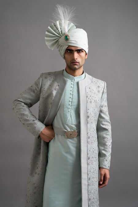 Buy_Gargee Designers_Mint Jacquard Embroidery Zayaan Sherwani Set _Online_at_Aza_Fashions