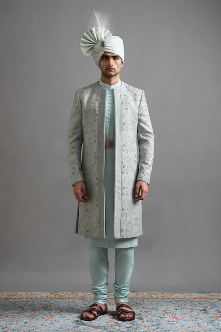 Shop_Gargee Designers_Mint Jacquard Embroidery Zayaan Sherwani Set _Online_at_Aza_Fashions