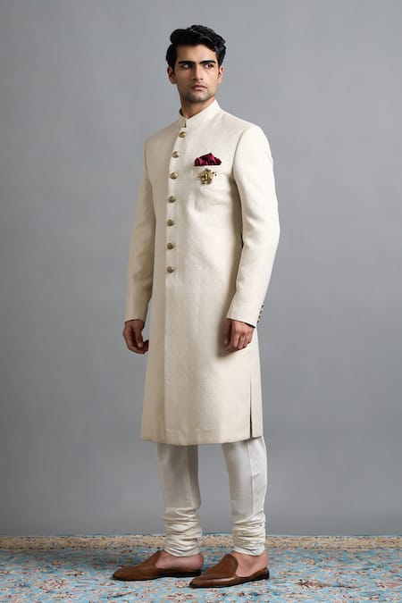 Gargee Designers_Ivory Brocade Studs, Brooches Advait Sherwani Set _Online_at_Aza_Fashions