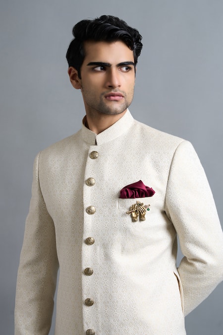 Buy_Gargee Designers_Ivory Brocade Studs, Brooches Advait Sherwani Set _Online_at_Aza_Fashions
